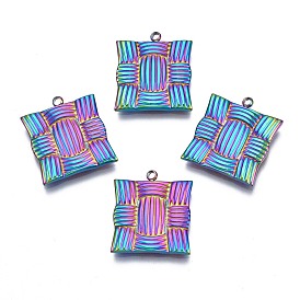 Ion Plating(IP) 304 Stainless Steel Pendants, Imitation Weaving Ratten Mat, Square