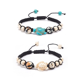 2Pcs 2 Color Synthetic Turquoise(Dyed) Tortoise & Magnesite & Ocean White Jade(Dyed) Braided Bead Bracelets Set, Gemstone Jewelry for Women