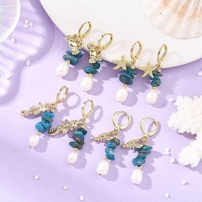 Ocean Brass Leverback Earrings, Natural Apatite & Cultured Freshwater Pearl Beads Dangle Earrings, Alloy Dangle Earrings, Mixed Shapes