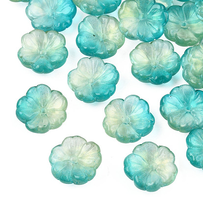 Transparent Spray Painted Glass Beads, with Glitter Powder, Two Tone, Flower