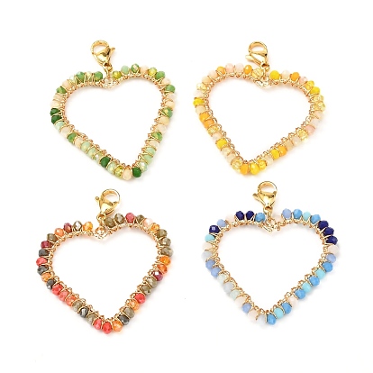 Brass Pendants, with Glass Beads and Lobster Claw Clasps, Heart, Golden