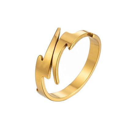 Geometric Stainless Steel Lightning Ring - Retro and Personalized 18K Gold Open Design for Fashionable Minimalist Style