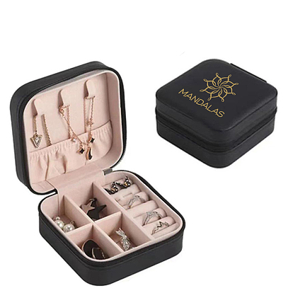 Cajas con cremallera para guardar joyas de piel sintética., Estuche organizador de joyas portátil de viaje para collares., Aretes, Anillos, cuadrado con logo estampado en oro