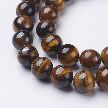 Natural Tiger Eye Beads Strands, Round, Grade AB+, Round, Dark Goldenrod, 10mm, Hole: 1mm