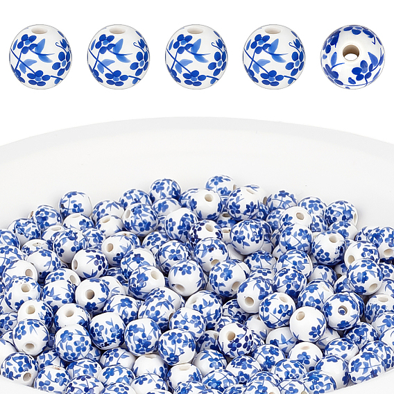 200шт. фарфоровые бусины ручной работы, белый и голубой фарфор, круглая с цветком
