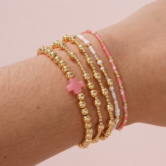 Браслеты из латуни, пластика и стекла, эластичные., браслеты с подвесками в виде ракушек и крестов для женщин