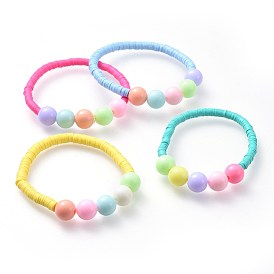Kids Stretch Bracelets, with Polymer Clay Heishi Beads and Solid Chunky Bubblegum Acrylic Ball Beads