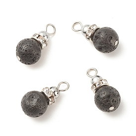 Natural Lava Rock Pendants, with Non-magnetic Synthetic Hematite and Platinum Tone Brass Crystal Rhinestone Findings, Round