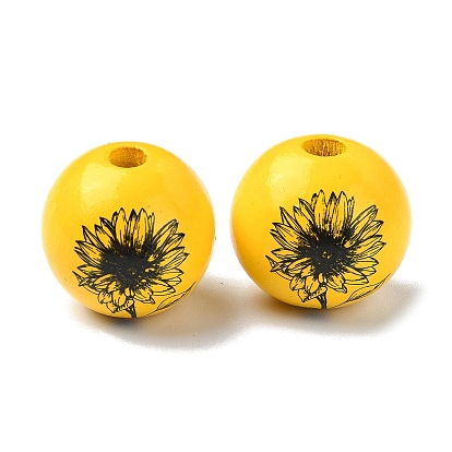 Wood Large Hole European Beads, Round with Flower