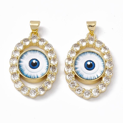 Rack Plating Brass Micro Pave Clear Cubic Zirconia Pendants, with Resin, Real 18K Gold Plated, Long-Lasting Plated, Cadmium Free & Lead Free, Oval with Evil Eye