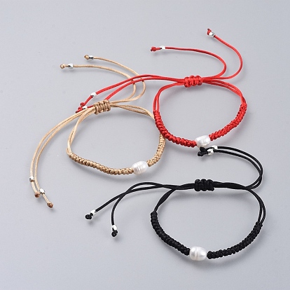 Nylon Thread Braided Bead Bracelets, with Natural Pearl Beads and Brass Spacer Beads
