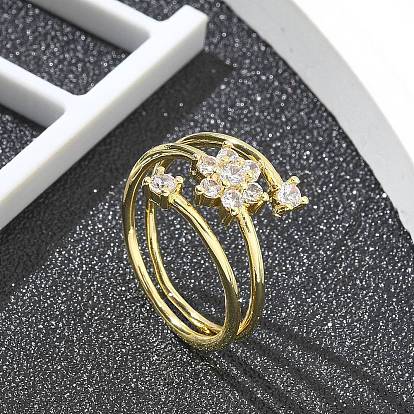 Кольца-манжеты для женщин с покрытием из латуни с микропаве из прозрачного кубического циркония, долговечный, цветок
