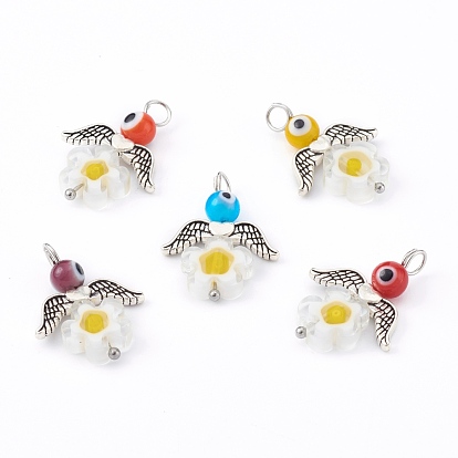 Handmade Millefiori Glass Pendants, with Evil Eye Lampwork Round Bead and Alloy Beads, Angel