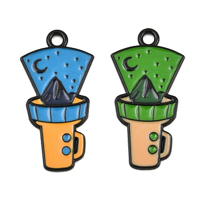 Baking Paint Alloy Enamel Pendants, Flashlight with Mountain Charms, Black