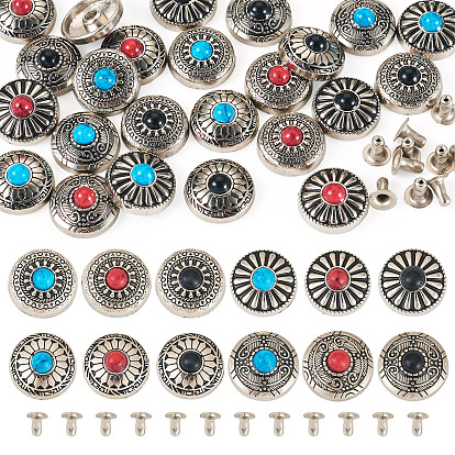 24 шт. 12 стили цинковый сплав и синтетические бирюзовые кнопки, 1-луночное, плоско-круглые