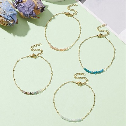 4Pcs 4 Style Natural Mixed Gemstone Beaded Link Braclet with Satellite Chains, 304 Stainless Steel Bracelet