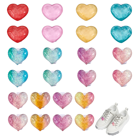24 шт. 12 цвета сердечко прозрачная смола блестки пудра пряжки для обуви клипсы, с пластиковыми зажимами