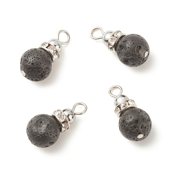 Подвески из натуральной лавы, с немагнитным синтетическим гематитом и кристаллами из латуни платинового цвета со стразами, круглые