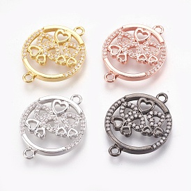 Brass Micro Pave Cubic Zirconia Links, Long-Lasting Plated, Flat Round with Heart, Lead Free & Nickel Free & Cadmium Free, Clear