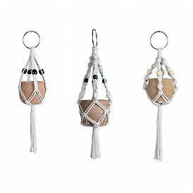 Macrame Cotton Pendant Decorations with Wood Beaded, Boho Style Hanging Planter Baskets for Interior Car View Mirror Hanging Ornament