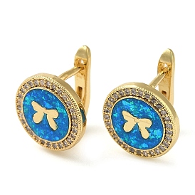 Rack Plating Brass Micro Pave Cubic Zirconia Hoop Earrings, with Synthetic Opal, Cadmium Free & Lead Free, Long-Lasting Plated, Real 18K Gold Plated, Flat Round