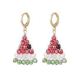 Glass Braided Beaded Watermelon Dangle Leverback Earrings, Brass Wire Wrap Jewelry for Women