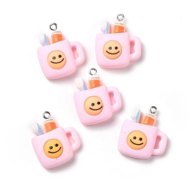 Opaque Resin Pendants, with Platinum Tone Iron Loops, Cup with Smiling Face