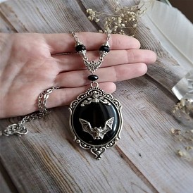 Halloween Necklace Personality Animal Bat Black Gemstone Necklace Earrings Ring Jewelry