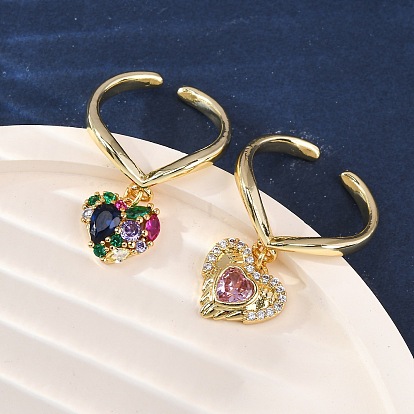 Открытые манжеты из латуни с микропаве и цирконием для женщин, сердце, стойки покрытие, прочное покрытие, без кадмия и без свинца