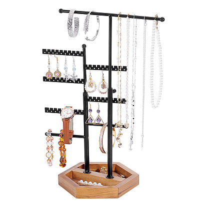 Présentoirs à boucles d'oreilles en fer à plusieurs niveaux avec barres en T et plateaux hexagonaux en bois, couleur du Pérou