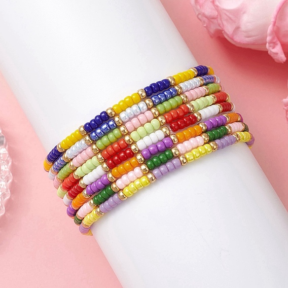 8шт. браслеты из стеклянных бусин для мужчин и женщин, круглые, с латунной бисера, два тона