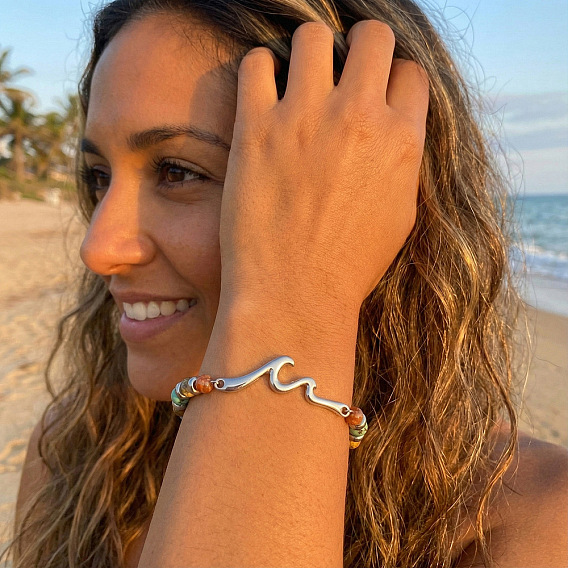 304 Браслеты из нержавеющей стали с волнообразными звеньями, Браслеты из натуральных камней и бусин для женщин