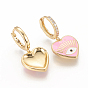 Brass Micro Pave Clear Cubic Zirconia Huggie Hoop Earrings, with Enamel, Heart with Evil Eye, Golden