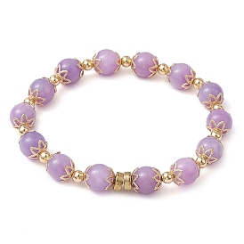 8.5mm Round Dyed Natural Yellow Jade & Brass Beaded Stretch Bracelets for Women, Golden