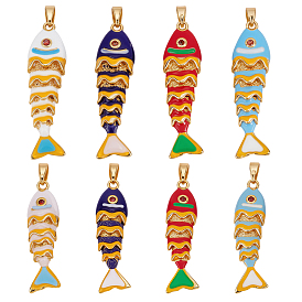 8шт 8 стили латунные подвески со стразами, с эмалью, рыбы прелести, золотые