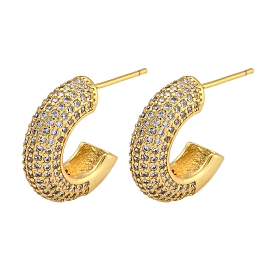 Rack Plating C-Shaped Brass Micro Pave Clear Cubic Zirconia Stud Earrings, Long-Lasting Plated, Cadmium Free & Lead Free