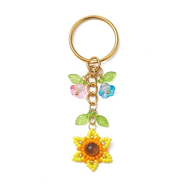 Seed Beads Keychain, with Iron Split Key Rings and Flower Acrylic Charms