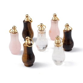 Gemstone Openable Perfume Bottle Pendants, Faceted Gourd Charm, with Golden Tone Brass Findings