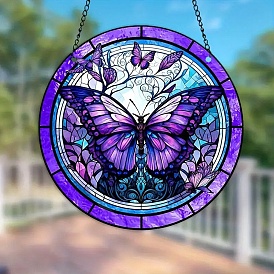 Acrylic Hanging Ornaments, Flat Round with Butterfly  Pattern Suncatchers for Garden Outdoor Hanging Decorations