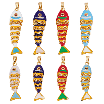 8шт 8 стили латунные подвески со стразами, с эмалью, рыбы прелести, золотые