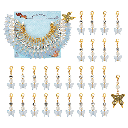 Маркеры для подвесок в виде бабочки и плоских круглых букв a~z, Подвески-застежки-лобстеры, связанные крючком из акрила и сплава, маркер с замком и кольцом с подвеской в виде винного бокала