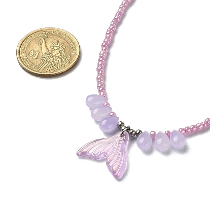 Glass Whale Tail Pendant Necklace with Beaded Chains