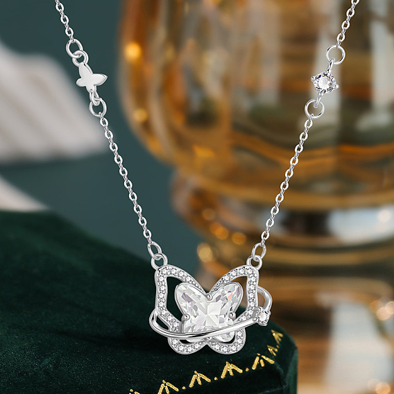 Brass & Alloy Pave Clear Cubic Zirconia Pendant Necklaces, Butterfly