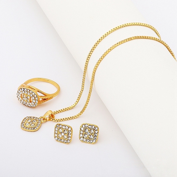 Ожерелья с подвесками из сплава ромбов и страз, серьги-гвоздики и комплекты колец