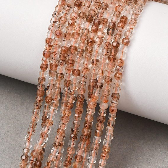 Natural Black Gold Rutilated Quartz Beads Strands, Faceted Table Cut Cube Beads