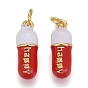 Brass Enamel Pendants, with Jump Rings, Long-Lasting Plated, Pill Bar Shape with Word Happy