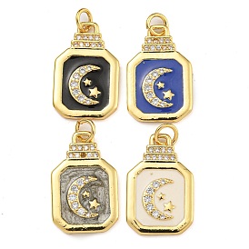 Rack Plating Brass Micro Pave Cubic Zirconia Pendants, with Enamel, Cadmium Free & Lead Free, Long-Lasting Plated, Real 18K Gold Plated, Moon with Star