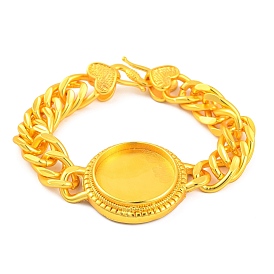 Brass Cuban Link Chain Bracelets Findings, Flat Round Tray Fit for Cabochons, with Heart Clasps, Lead Free & Cadmium Free