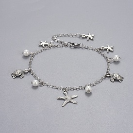 Bracelets de cheville en laiton, avec perle de verre, breloques en alliage et découvertes en acier inoxydable, Thème de l'océan