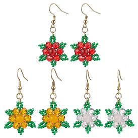 3Pairs 3 Styles Gemstone Dangle Earrings, with Glass Seed Beads and 304 Stainless Steel Ear Wires, Flower